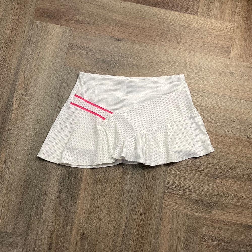 Lucky in Love Mesh Ruffle Stripe Tennis Golf Skort Womens‎ White Pink Medium